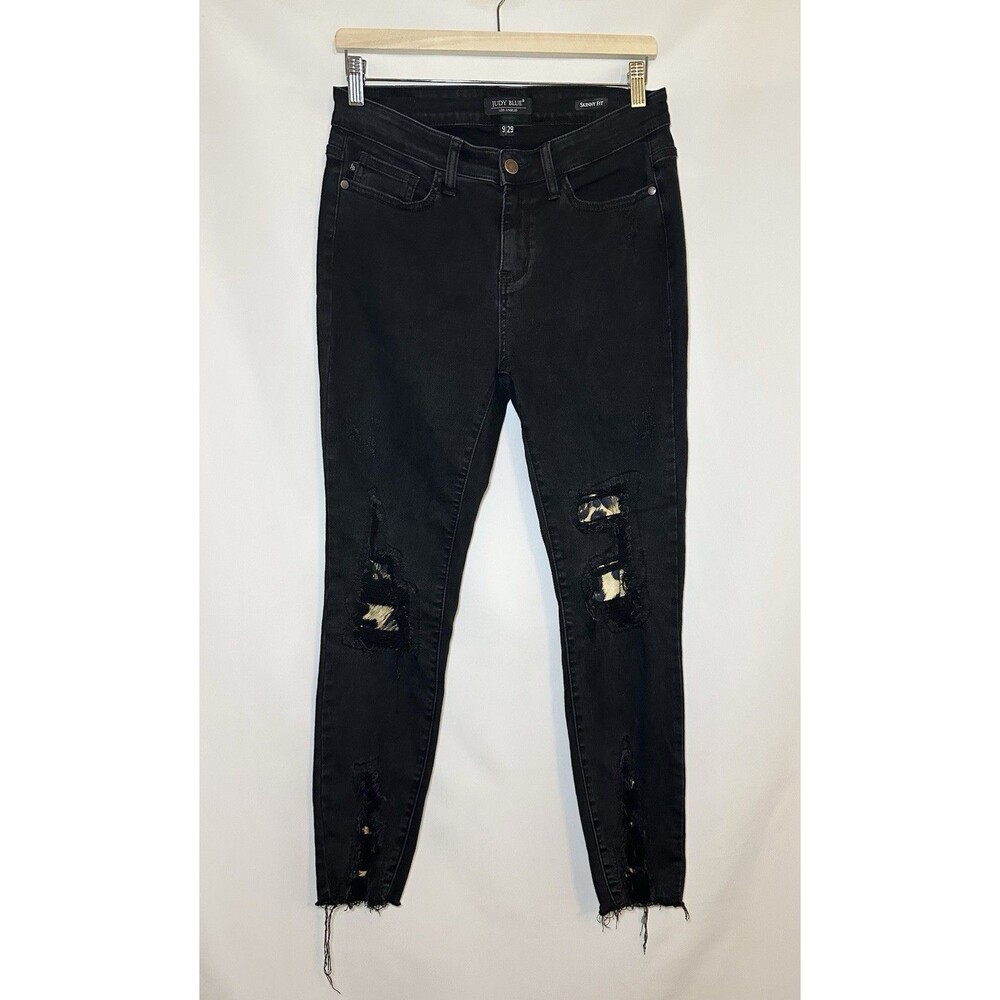 Judy Blue Jeans‎ Womens 9/29 Black Leopard Print Skinny Distressed Raw Hem